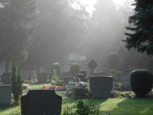 Nebeliger Friedhf im Morgengrauen. Sonne Sticht duch nebel, schöne Atmosphäre