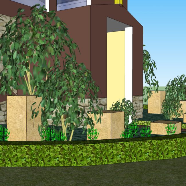 3D Modell eines Vorgartens mit Beeten und Bäumen für die Beratung