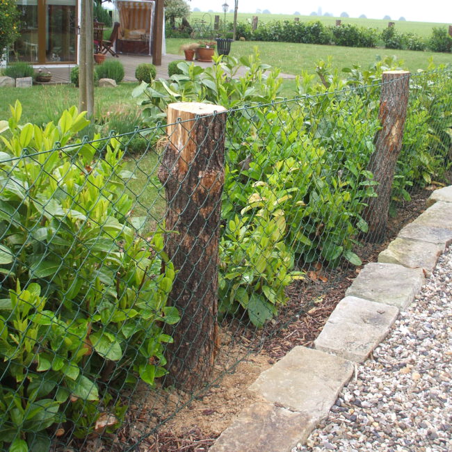 Hecke aus abwechselnden Büschen und Holzstämmen, überspannt mit dünnem Metallgitter