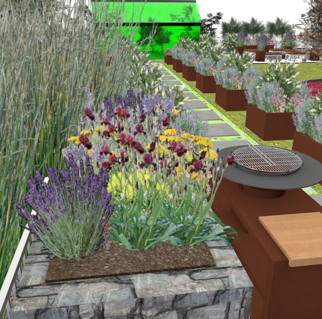 3D Modell einer Reihe von Beeten mit unterschiedlichen Pflanzen für die Beratung
